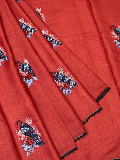 Terracotta Red Tussore Silk Saree with Embroidered Avian Motifs