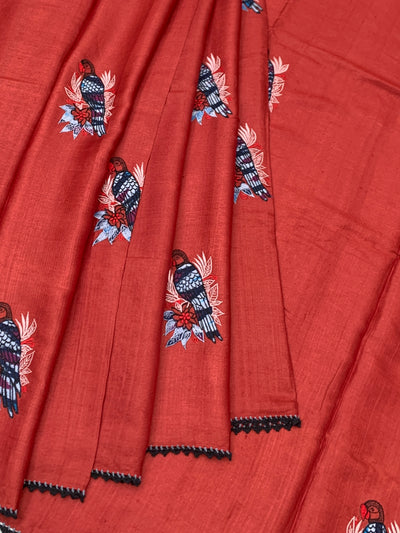 Terracotta Red Tussore Silk Saree with Embroidered Avian Motifs