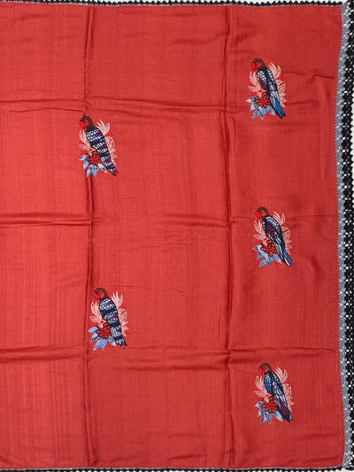 Terracotta Red Tussore Silk Saree with Embroidered Avian Motifs