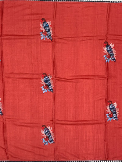 Terracotta Red Tussore Silk Saree with Embroidered Avian Motifs