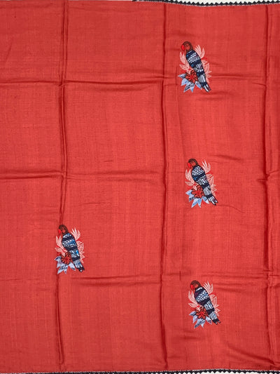 Terracotta Red Tussore Silk Saree with Embroidered Avian Motifs