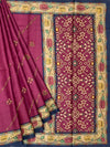 Deep Magenta Tussore Silk Saree with Floral Embroidery & Patola-Inspired Pallu