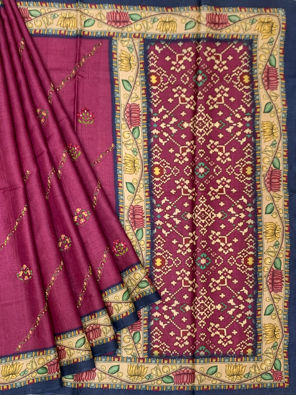 Deep Magenta Tussore Silk Saree with Floral Embroidery & Patola-Inspired Pallu