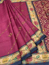 Deep Magenta Tussore Silk Saree with Floral Embroidery & Patola-Inspired Pallu