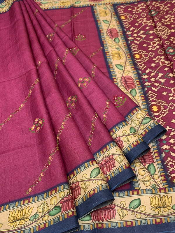 Deep Magenta Tussore Silk Saree with Floral Embroidery & Patola-Inspired Pallu