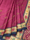 Deep Magenta Tussore Silk Saree with Floral Embroidery & Patola-Inspired Pallu