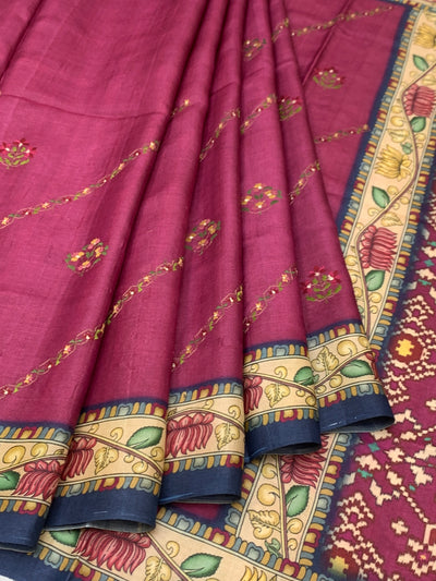 Deep Magenta Tussore Silk Saree with Floral Embroidery & Patola-Inspired Pallu