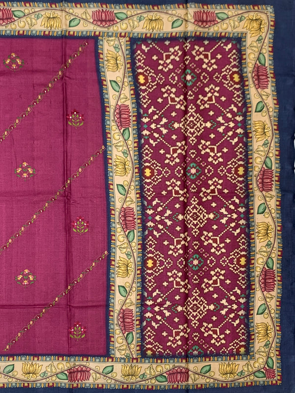Deep Magenta Tussore Silk Saree with Floral Embroidery & Patola-Inspired Pallu