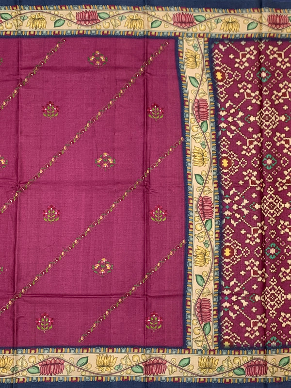 Deep Magenta Tussore Silk Saree with Floral Embroidery & Patola-Inspired Pallu