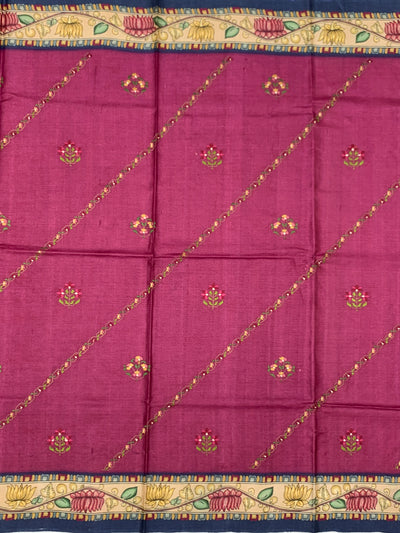 Deep Magenta Tussore Silk Saree with Floral Embroidery & Patola-Inspired Pallu