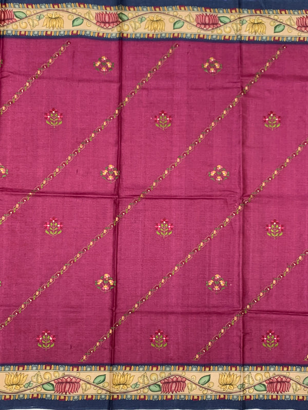 Deep Magenta Tussore Silk Saree with Floral Embroidery & Patola-Inspired Pallu