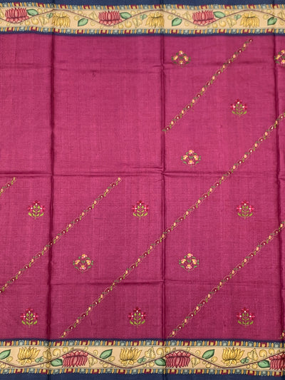 Deep Magenta Tussore Silk Saree with Floral Embroidery & Patola-Inspired Pallu