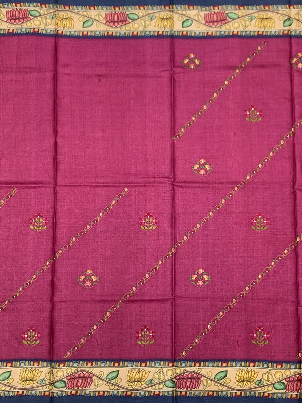 Deep Magenta Tussore Silk Saree with Floral Embroidery & Patola-Inspired Pallu