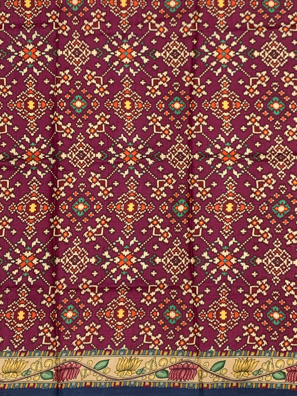 Deep Magenta Tussore Silk Saree with Floral Embroidery & Patola-Inspired Pallu