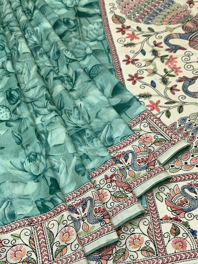Teal Lotus Print Tussore Silk Saree with Exquisite Peacock Embroidered Pallu