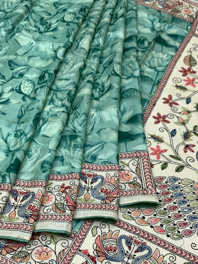 Teal Lotus Print Tussore Silk Saree with Exquisite Peacock Embroidered Pallu