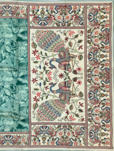 Teal Lotus Print Tussore Silk Saree with Exquisite Peacock Embroidered Pallu