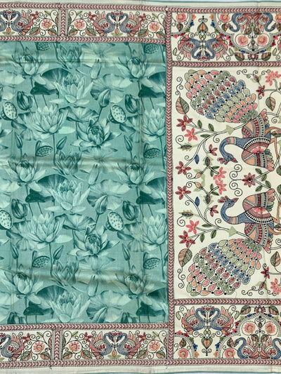 Teal Lotus Print Tussore Silk Saree with Exquisite Peacock Embroidered Pallu