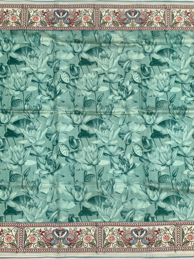 Teal Lotus Print Tussore Silk Saree with Exquisite Peacock Embroidered Pallu