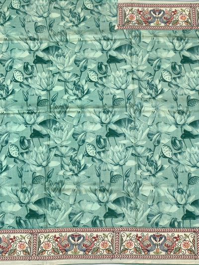 Teal Lotus Print Tussore Silk Saree with Exquisite Peacock Embroidered Pallu