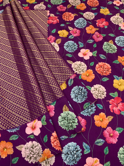 Purple Brocade Silk Saree With Floral Border