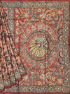 Brick Red Tussore Silk Saree with Kalamkari Peacock Mandala & Mirror Embroidery