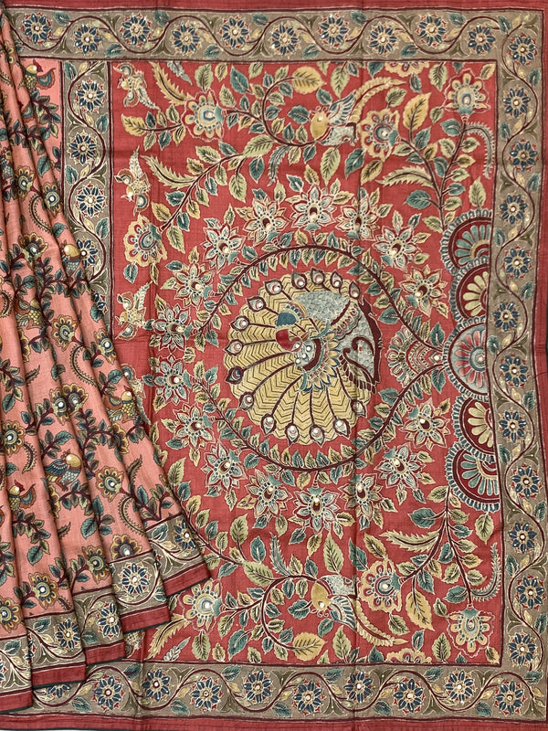 Brick Red Tussore Silk Saree with Kalamkari Peacock Mandala & Mirror Embroidery