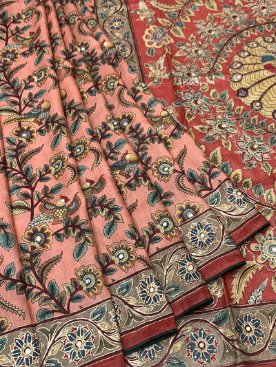 Brick Red Tussore Silk Saree with Kalamkari Peacock Mandala & Mirror Embroidery