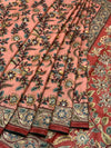Brick Red Tussore Silk Saree with Kalamkari Peacock Mandala & Mirror Embroidery