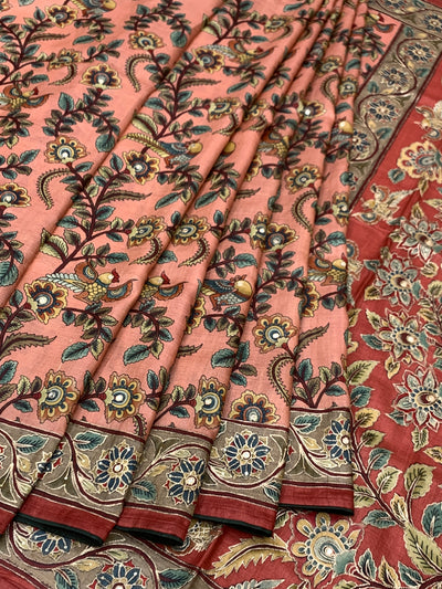 Brick Red Tussore Silk Saree with Kalamkari Peacock Mandala & Mirror Embroidery
