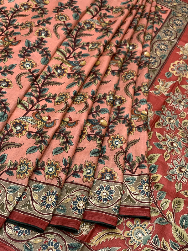 Brick Red Tussore Silk Saree with Kalamkari Peacock Mandala & Mirror Embroidery