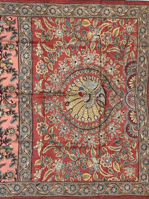 Brick Red Tussore Silk Saree with Kalamkari Peacock Mandala & Mirror Embroidery