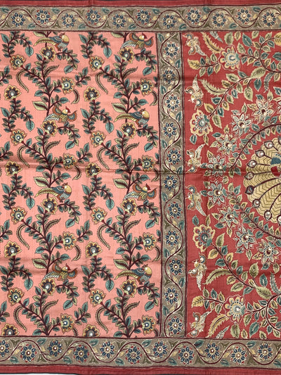 Brick Red Tussore Silk Saree with Kalamkari Peacock Mandala & Mirror Embroidery