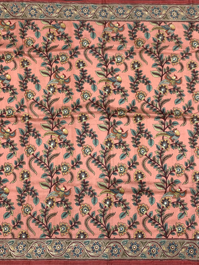 Brick Red Tussore Silk Saree with Kalamkari Peacock Mandala & Mirror Embroidery