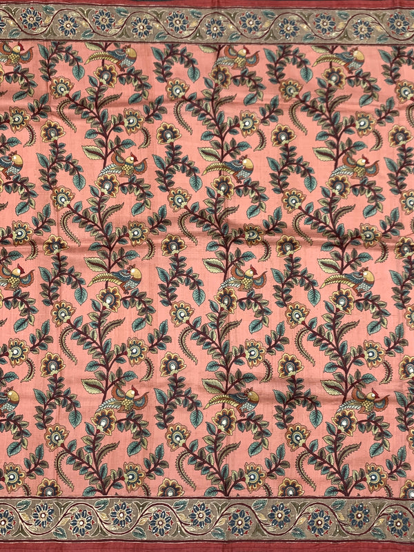 Brick Red Tussore Silk Saree with Kalamkari Peacock Mandala & Mirror Embroidery