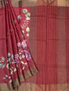 Wine Red Tussore Silk Saree with Large Floral Prints & Woven Striped Pallu