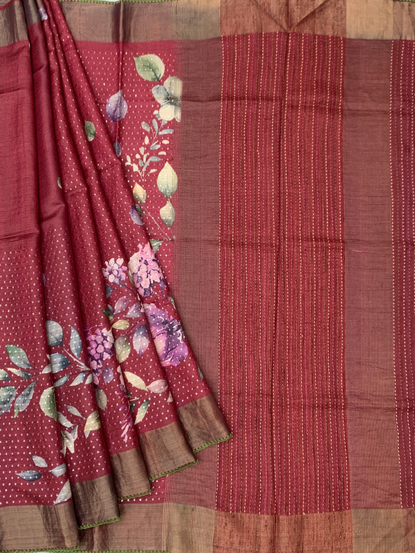 Wine Red Tussore Silk Saree with Large Floral Prints & Woven Striped Pallu