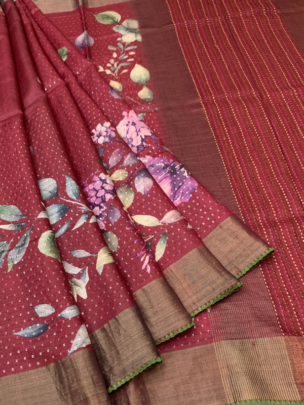 Wine Red Tussore Silk Saree with Large Floral Prints & Woven Striped Pallu