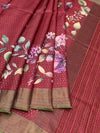 Wine Red Tussore Silk Saree with Large Floral Prints & Woven Striped Pallu