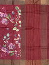 Wine Red Tussore Silk Saree with Large Floral Prints & Woven Striped Pallu