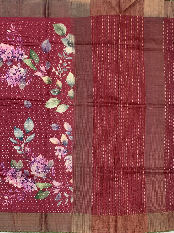 Wine Red Tussore Silk Saree with Large Floral Prints & Woven Striped Pallu