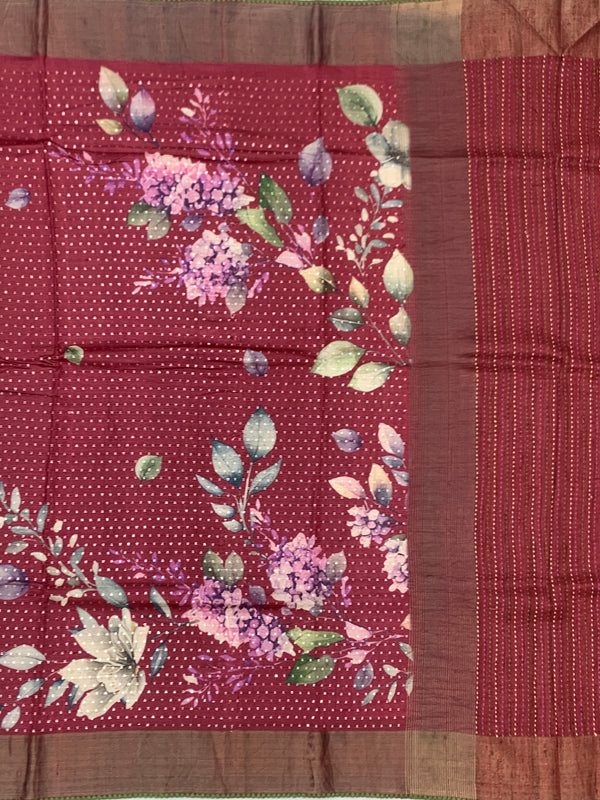 Wine Red Tussore Silk Saree with Large Floral Prints & Woven Striped Pallu