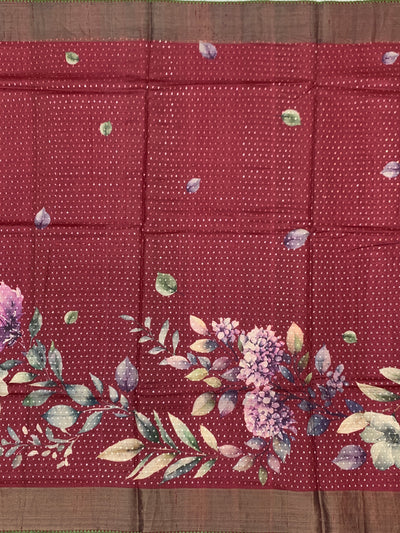 Wine Red Tussore Silk Saree with Large Floral Prints & Woven Striped Pallu
