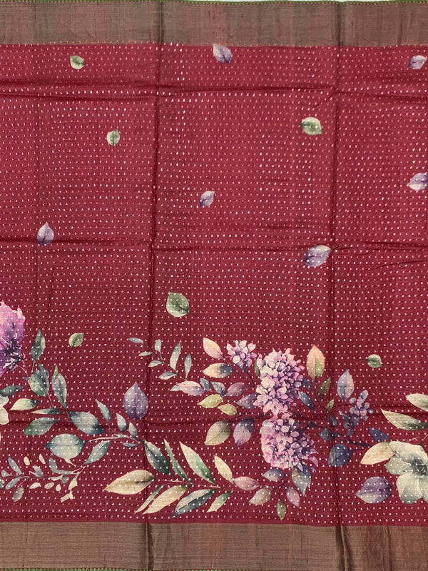 Wine Red Tussore Silk Saree with Large Floral Prints & Woven Striped Pallu