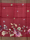 Wine Red Tussore Silk Saree with Large Floral Prints & Woven Striped Pallu