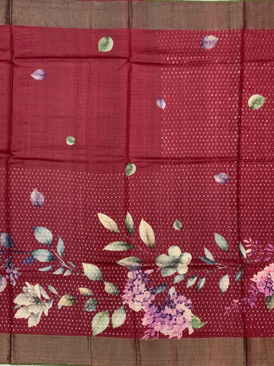 Wine Red Tussore Silk Saree with Large Floral Prints & Woven Striped Pallu