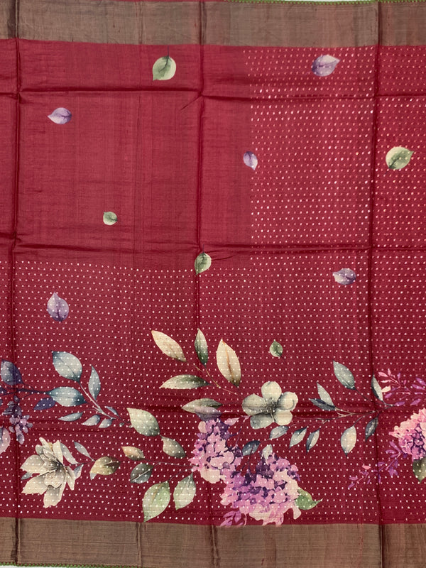 Wine Red Tussore Silk Saree with Large Floral Prints & Woven Striped Pallu