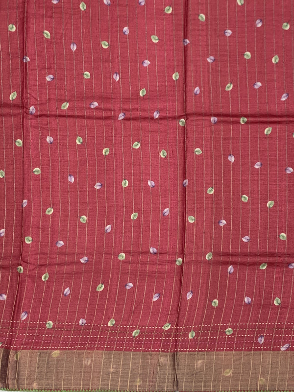 Wine Red Tussore Silk Saree with Large Floral Prints & Woven Striped Pallu