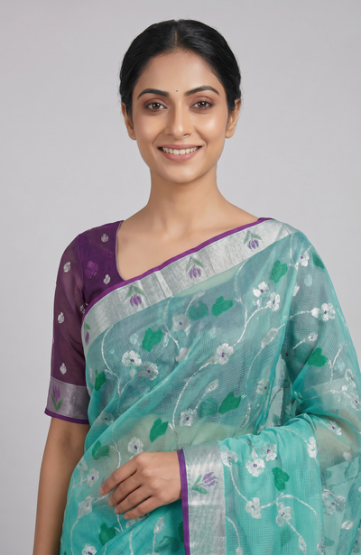 Zari Kota Saree Sea-Green In Color
