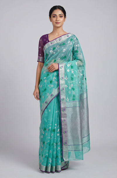 Zari Kota Saree Sea-Green In Color
